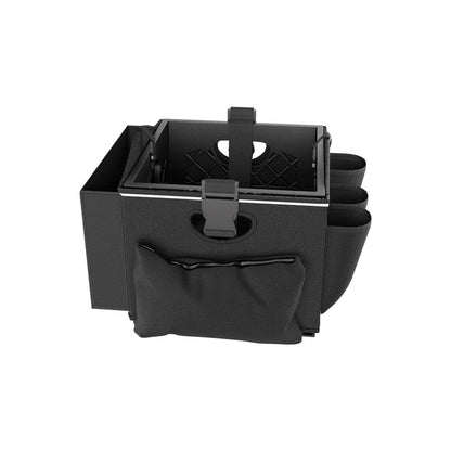 The Portable Crate Workstation with Apron Organizer – Choose Your Mounting Setup is a black storage caddy featuring multiple compartments, side pouches, a front zippered pocket, convenient handles, and a central buckle strap. Designed for organizing items on the go, it functions as a portable crate workstation ideal for mobile organization needs.
