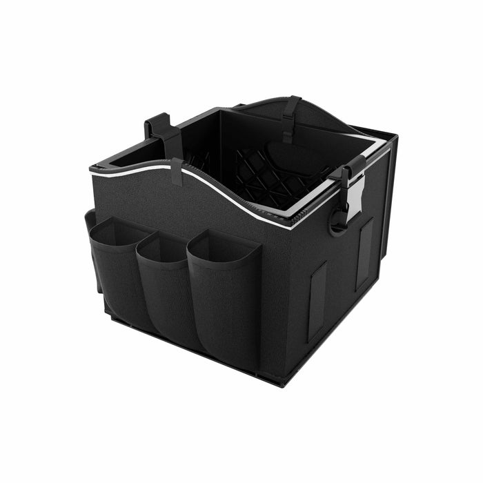 The Portable Crate Workstation with Apron Organizer – Choose Your Mounting Setup is a black, collapsible storage solution featuring multiple exterior pockets and compartments, designed for use in car trunks or at home as a convenient and portable workstation, pictured on a white background.