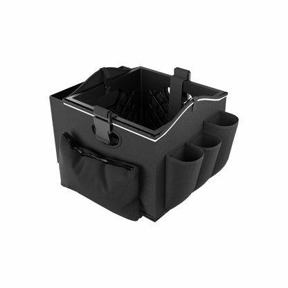The Portable Crate Workstation with Apron Organizer – Choose Your Mounting Setup is a black square organizer featuring side pockets, a front pouch, and an open-top design with dividers and straps, making it ideal for storing or carrying multiple items while providing convenient device mounting options for a versatile mobile workstation.
