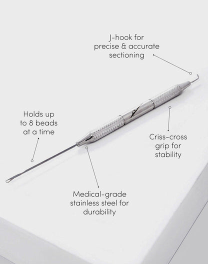 Pro Pulling Needle holds up to 8 beads at a time, j-hook for precise & accurate sectioning, criss-cross grip for stability, medical-grade stainless steel for durability