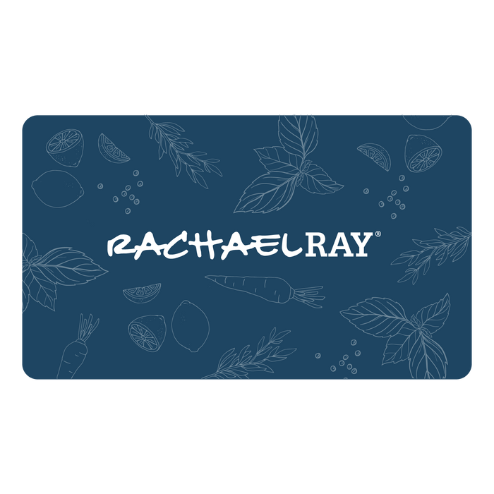 A blue design showcasing the "Rachael Ray" logo, decorated with illustrated herbs and vegetables. Ideal as a RachaelRay.com Gift Card, providing the recipient with the gift of choice. Redeemable at checkout to delight any culinary enthusiast.