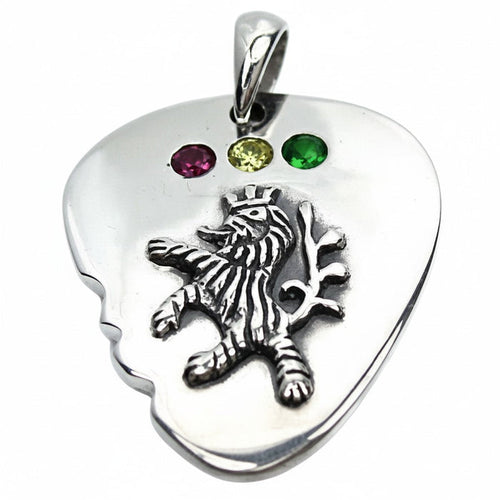 A front view of the sterling silver Rasta Lion of Judah guitar pick pendant with red, yellow, and green gems.