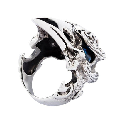 The back view of the large raven skull ring, showing its thick, solid band.