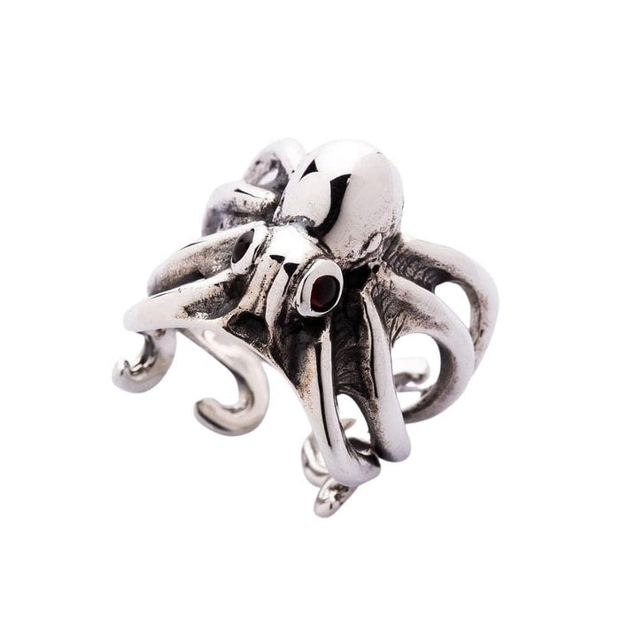 Sterling silver octopus ring with red garnet eyes front view showing detailed tentacles