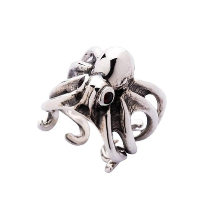 Sterling silver octopus ring with red garnet eyes front view showing detailed tentacles