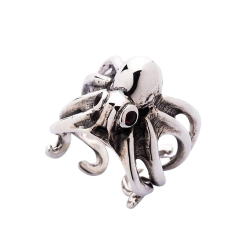 Sterling silver octopus ring with red garnet eyes front view showing detailed tentacles
