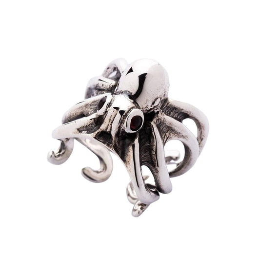 Sterling silver octopus ring with red garnet eyes front view showing detailed tentacles