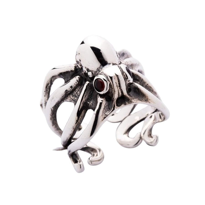925 sterling silver octopus tentacle ring side angle view with garnet gemstone eye