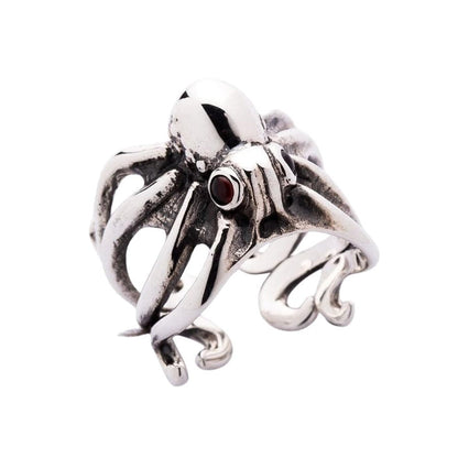 925 sterling silver octopus tentacle ring side angle view with garnet gemstone eye