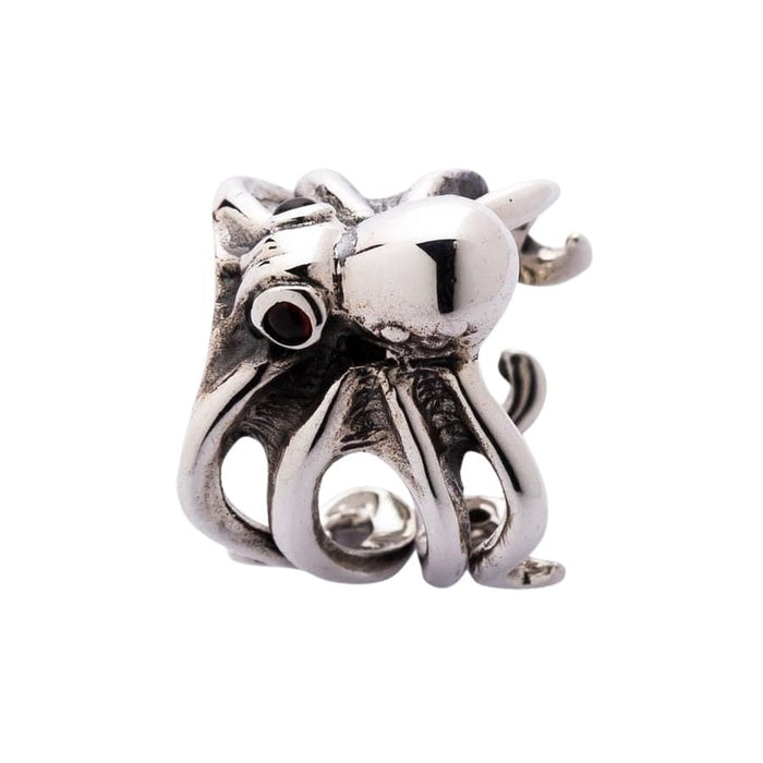 Red garnet eyed octopus ring in sterling silver showing three-quarter perspective
