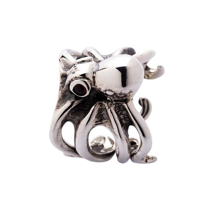 Red garnet eyed octopus ring in sterling silver showing three-quarter perspective