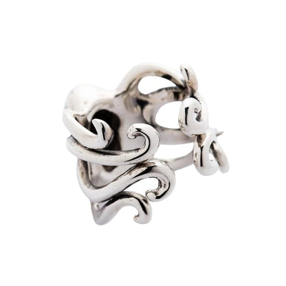 Back view of sterling silver octopus ring displaying intricate curling tentacle design