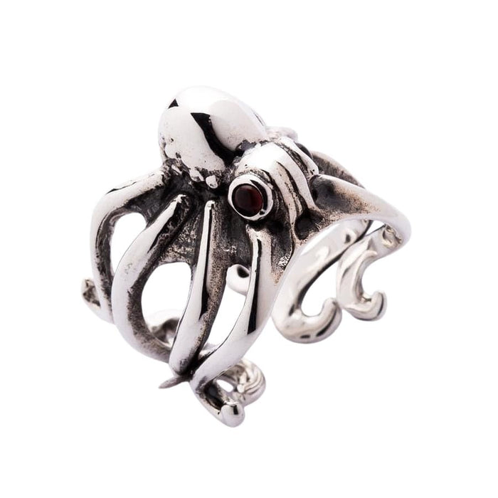 Handmade sterling silver octopus ring with polished finish and detailed tentacles