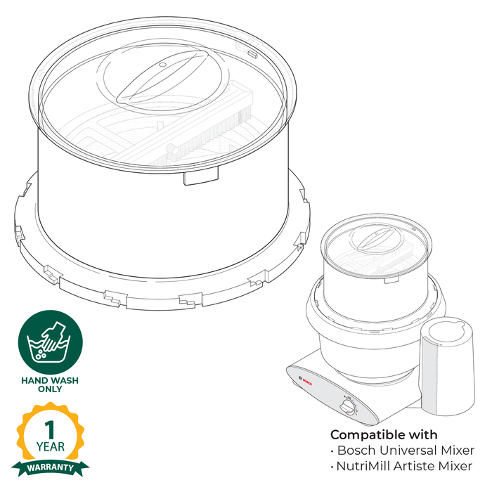 Technical illustration of the NutriMill flour sifter attachment with warranty and care information