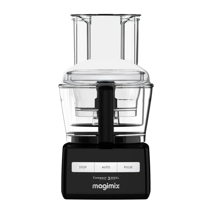 Magimix Compact 3200XL black food processor with clear bowl and lid on a white background