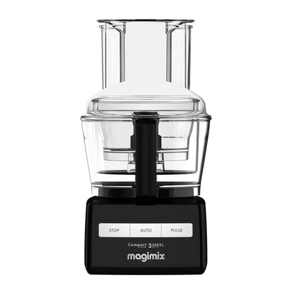 Magimix Compact 3200XL black food processor with clear bowl and lid on a white background