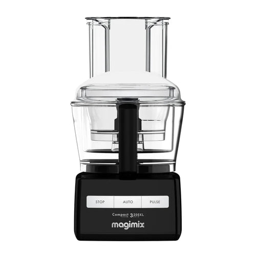 Magimix Compact 3200XL black food processor with clear bowl and lid on a white background