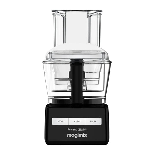 Magimix Compact 3200XL black food processor with clear bowl and lid on a white background