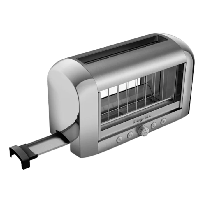 Magimix chrome vision toaster with crumb tray coming out