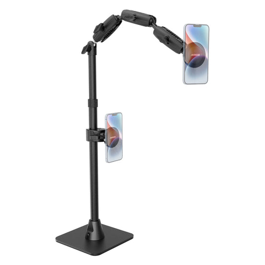 The Remarkable Creator™ Cookie Decorators Mount with MagSafe Holders is an adjustable black stand featuring two flexible arms, each equipped with a MagSafe holder to secure smartphones in portrait orientation. Its sturdy base ensures stable support on flat surfaces, making it the perfect content creation tool for streaming, filming tutorials, or capturing hands-free videos.