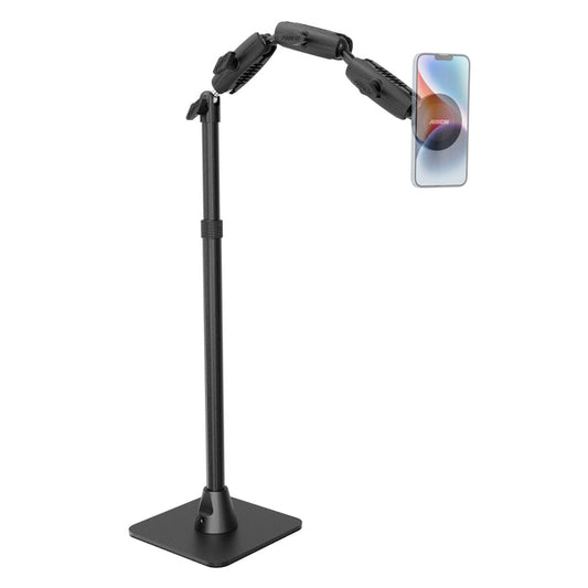 The Remarkable Creator™ Pro Mount with MagSafe Compatible Holder, featuring a black adjustable design and sturdy base, securely holds a smartphone in landscape orientation—ideal for creator content setups, with the phone screen showcasing a vibrant abstract design.