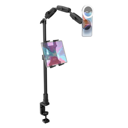 Remarkable Creator™ Pro+Plus Clamp Mount - MagSafe Compatible in black, securely holds a tablet horizontally and a smartphone vertically—both devices shown with vibrant screens against a white background—making it the perfect overhead phone mount for versatile content creation.