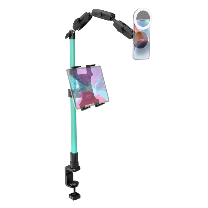 The Remarkable Creator™ Pro+Plus Clamp Mount - MagSafe Compatible features a teal vertical pole and two separate adjustable arms to securely hold both a tablet and phone, offering flexible joints for precise device positioning—ideal as an overhead phone mount for creators who need versatile desk or table setups.