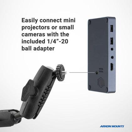 A close-up of a ball adapter attaching to the Remarkable Creator™ Pro+Plus with Clamp Mount, featuring USB and HDMI ports. Text: “Easily connect mini projectors or cameras using the included 1/4”-20 ball adapter or clamp mount.” Arkon Mounts logo shown.