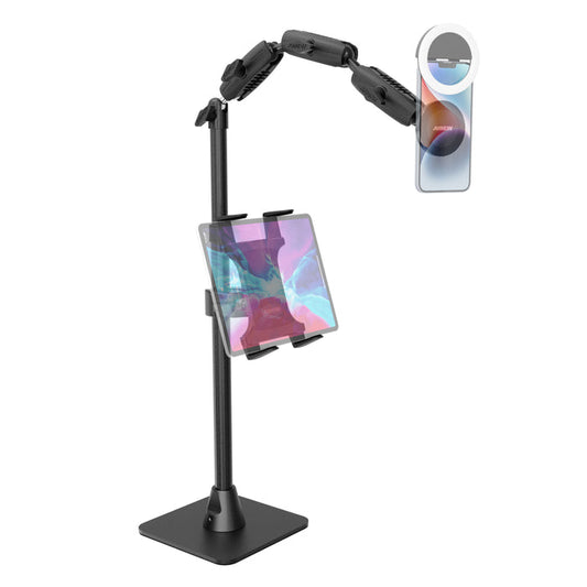 Meet the Remarkable Creator™ Pro+Plus Mount with MagSafe Compatible Holder: an adjustable black stand featuring secure clamps that hold your tablet in the center and a smartphone at the top—both displaying vibrant screens—against a white background. It’s the ultimate versatile mount for content creators.