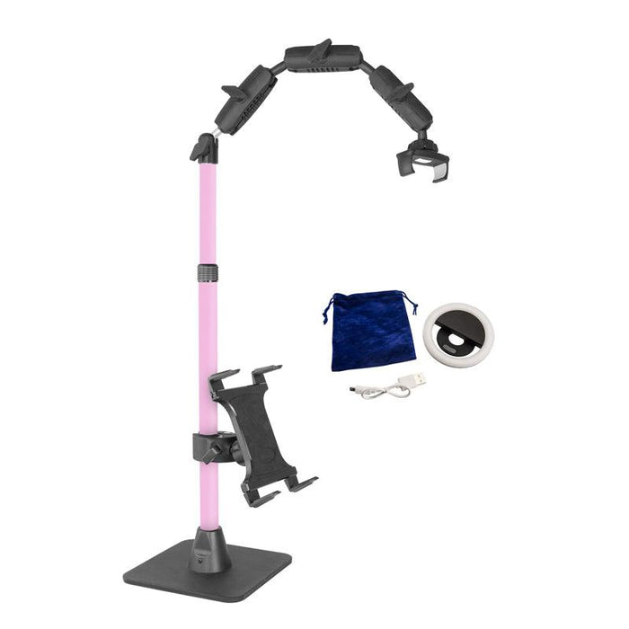 The Remarkable Creator™ Pro+Plus with Pink Extension Pole features multiple clamps, a weighted base, and device mounts. Also included: a blue pouch, white ring light, and USB cable—ideal for phone and tablet setups.