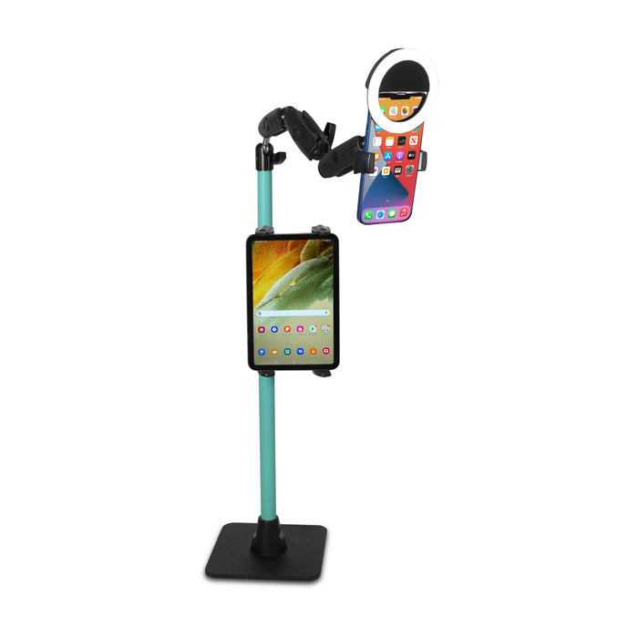 The Remarkable Creator™ Pro+Plus with Teal Extension Pole is a freestanding phone and tablet stand with a sturdy base and small ring light, holding your tablet vertically and smartphone horizontally—ideal for content creation.