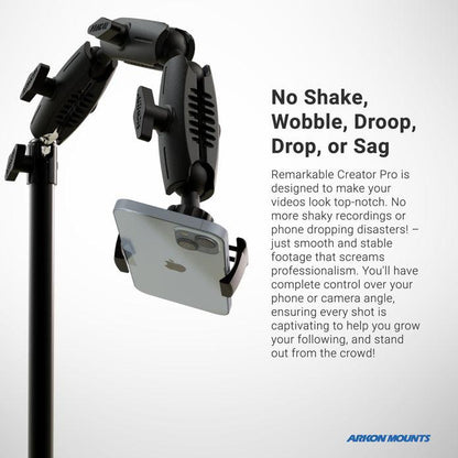 A sturdy phone mount secures a smartphone in landscape orientation. Text on the right promotes the Remarkable Creator™ Pro+Plus Mount w/Ring Light, highlighting its stability and control for content creation and pro video recording.