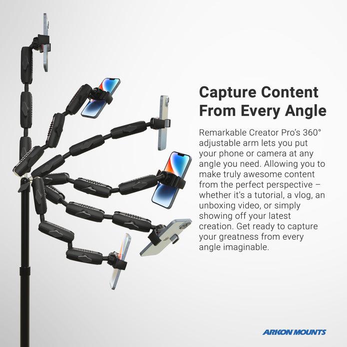 The Remarkable Creator™ Pro+Plus Mount w/Ring Light holds a phone with a black adjustable arm, shown in various positions to demonstrate 360-degree flexibility for content creation from multiple angles against a white background.