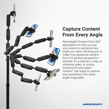 The Remarkable Creator™ Pro+Plus Mount w/Ring Light holds a phone with a black adjustable arm, shown in various positions to demonstrate 360-degree flexibility for content creation from multiple angles against a white background.
