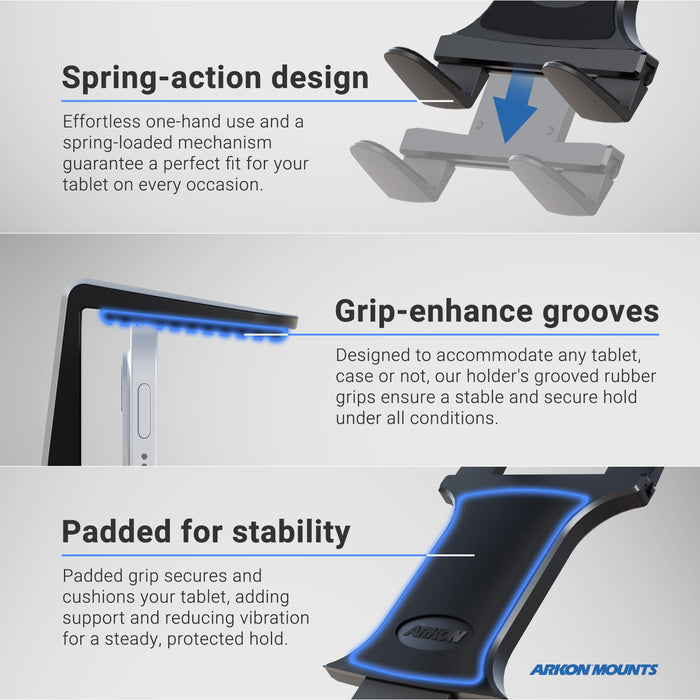 Remarkable Creator™ Pro+Plus Mount w/Ring Light features a spring-action design for easy use, grip-enhance grooves, and padded grips for stability. Each feature is shown in close-up with descriptive text and blue highlights—ideal for content creation.
