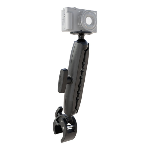 A black RoadVise® Clamp Mount with a circular camera mounting pattern, featuring an adjustable bottom clamp and a sturdy 1/4″-20 mount for secure attachment of a compact digital camera at the top.