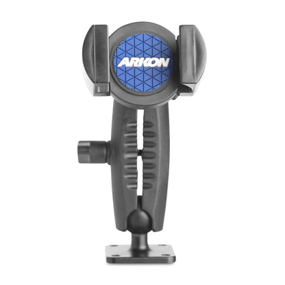 A black RoadVise® Phone Holder with Drill-Base Mount is shown facing forward on a white background, featuring an adjustable design, a blue Arkon logo on the holder, and an AMPS pattern drill-base mount.