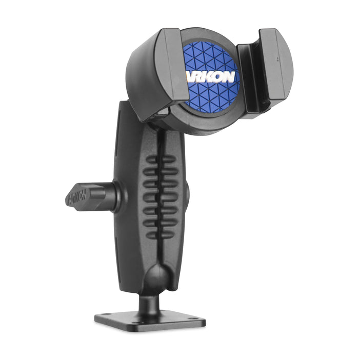 Here is a rewritten sentence using your product data: The RoadVise® Phone Holder with Drill-Base Mount is a black, adjustable car phone holder with a blue logo on the holder, attached to a flat base featuring an AMPS pattern and equipped with a vent clip on the side.