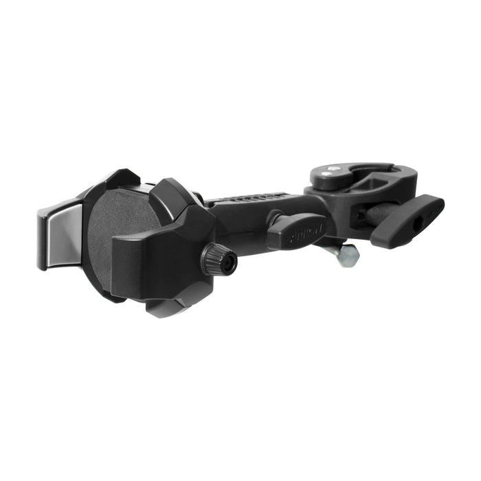 The RoadVise® Ultra Holder with Clamp Mount is a black, adjustable device holder for phones or tablets, featuring a rotating arm, tightening knob, and circular clamp for secure attachment.
