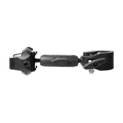 The RoadVise® Ultra Holder with Clamp Mount is a black, adjustable mount featuring a central arm and dual clamps, ideal for securely holding phones or tablets and attaching accessories.