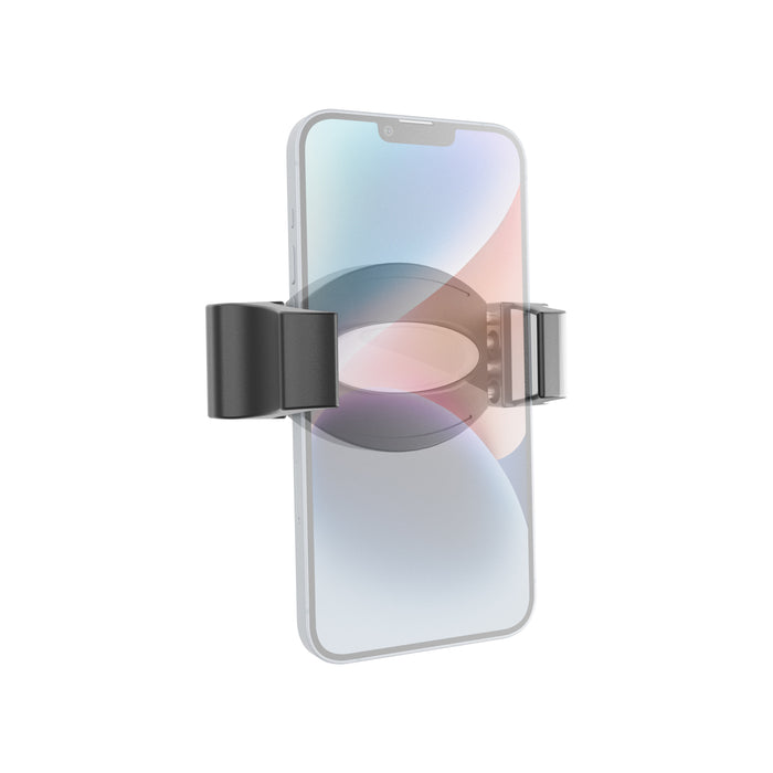 A smartphone is secured in the RoadVise Ultra Pro Phone Holder – AMPS Compatible, a black heavy-duty mount featuring an adjustable clamp-style design, shown against a white background. The phone’s screen displays a soft abstract pattern in pastel colors.