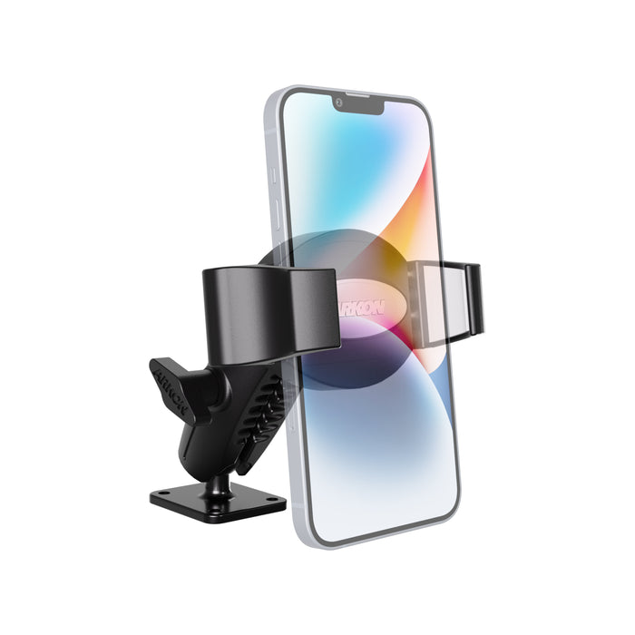 The RoadVise® Ultra Pro Phone Holder 5” AMPS Drill-Base Mount, shown isolated on a white background, securely holds a smartphone with a colorful screen. This heavy-duty black device mount features an adjustable design and a rotating base for versatile positioning.