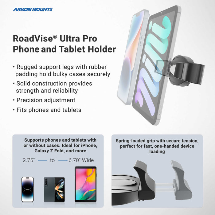 The RoadVise® Ultra Pro Phone Clamp Mount with Dual Shafts is a wall-mounted holder designed to securely support your tablet or phone. This adjustable mount features rugged grips, precise adjustment, and accommodates devices 2.75–6.70 inches wide—making it ideal for large smartphones like iPhone, Galaxy Z Fold, and more in any space.