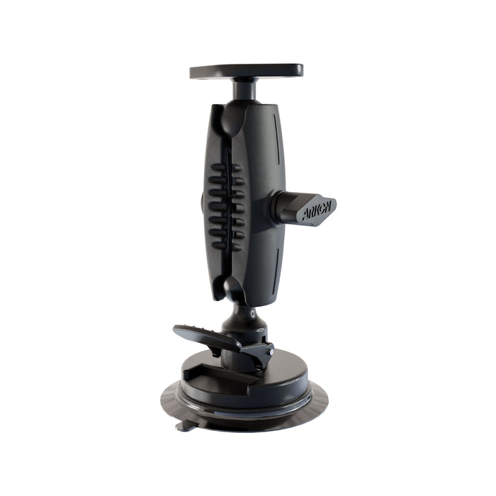 The Robust 3.75″ Shaft with Diamond AMPS Adapter and Suction Base is a black adjustable device mount featuring an adjustable shaft, ridged arm, suction cup base, and tightening knobs. It securely holds electronics or accessories onto flat surfaces and includes a diamond AMPS adapter for versatile compatibility.