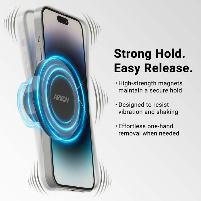 A phone is securely attached to the Cup Holder Mount with Dual Shafts & Magnetic Phone Holder - 25mm - MagSafe Compatible, featuring a round magnetic mount with blue light effects. This MagSafe-compatible car mount offers a powerful magnetic hold, easy one-hand removal, strong vibration resistance, and convenient quick release.