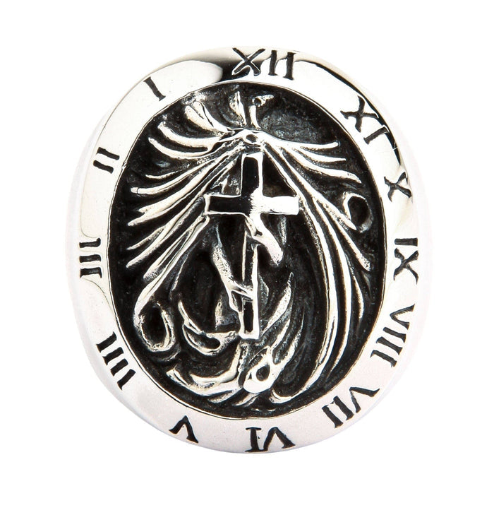 A front view of the large Roman numeral gothic signet ring in sterling silver, showing the 'Struggle of Faith' design.
