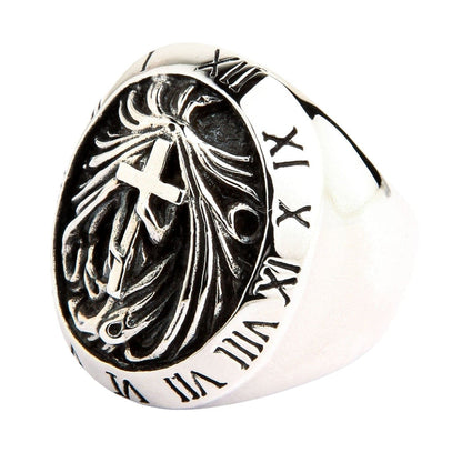 A side profile of the heavy gothic signet ring, showing its thick, polished band.