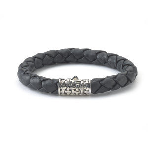 Samuel B Sterling Silver Black Leather Bracelet with Textured Design Clasp