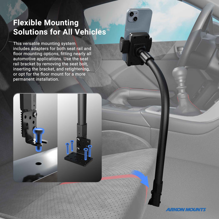 The Car or Truck Seat Rail or Floor Mega Grip™ Phone Holder Mount features a flexible gooseneck arm, with adapters and screws for versatile installation on seat rails or floors, providing broad compatibility across vehicles. Insets show included mounting hardware.