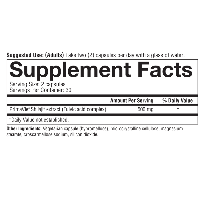 SHA.00757 Youtheory Shilajit 60 Capsules Nutrition Facts Panel